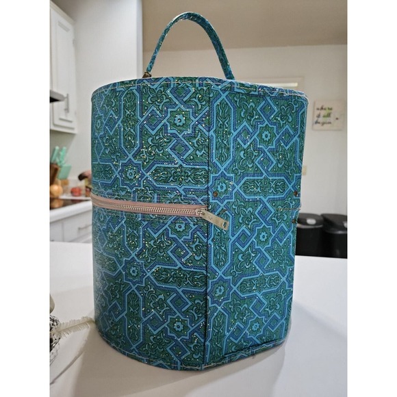 VTG Wig Box Travel Case w Handle Green blue mid century round with zipper main image 10